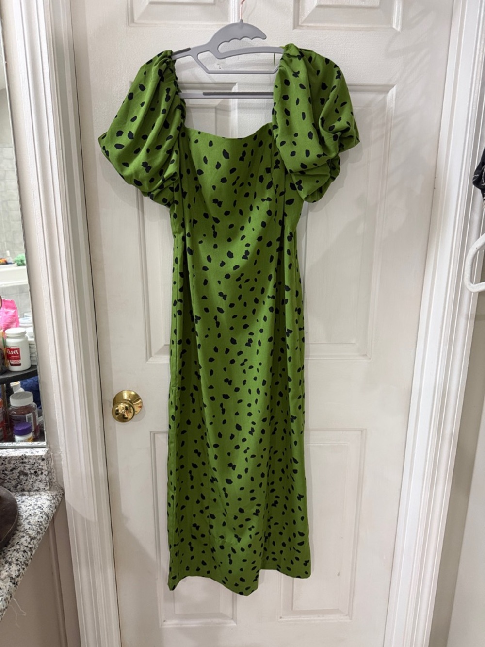 Moon River Green Midi Dress with Black Spot Print and Puff Sleeves